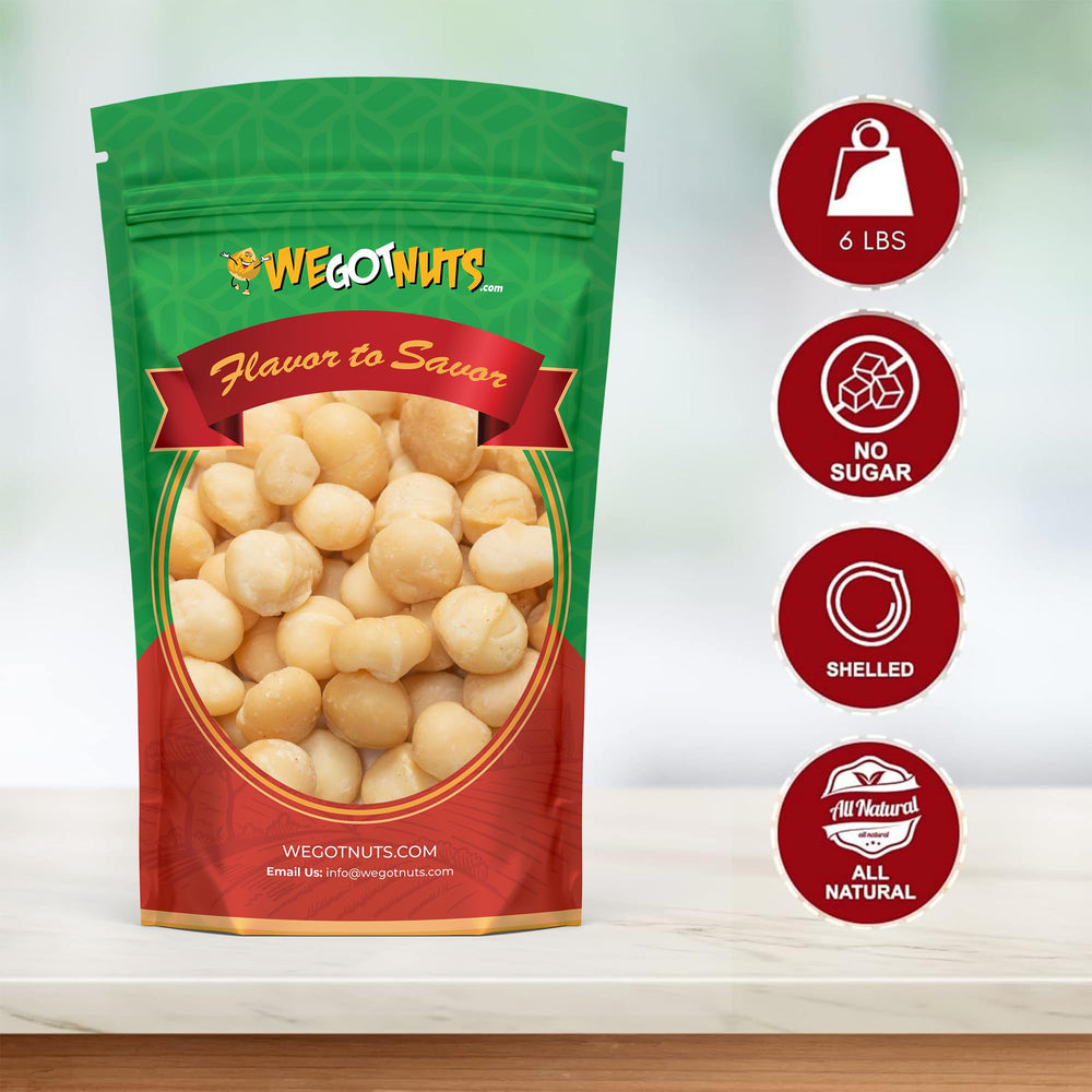 We Got Nuts macadamia nuts in resealable bulk pouch highlighting freshness.