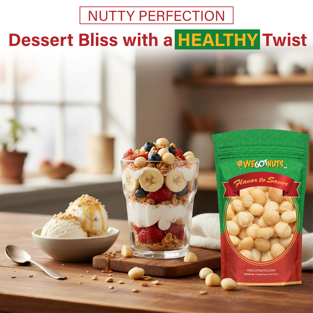 Non-GMO, oil-free, sugar-free macadamias ideal for keto-friendly snacks by We Got Nuts.