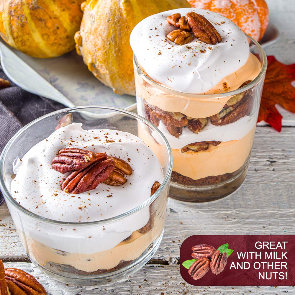 We Got Nuts pecan halves on a plate, gluten-free snack option.