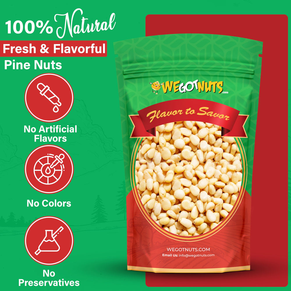 Closeup of We Got Nuts pine nuts highlighting creamy texture and premium quality.