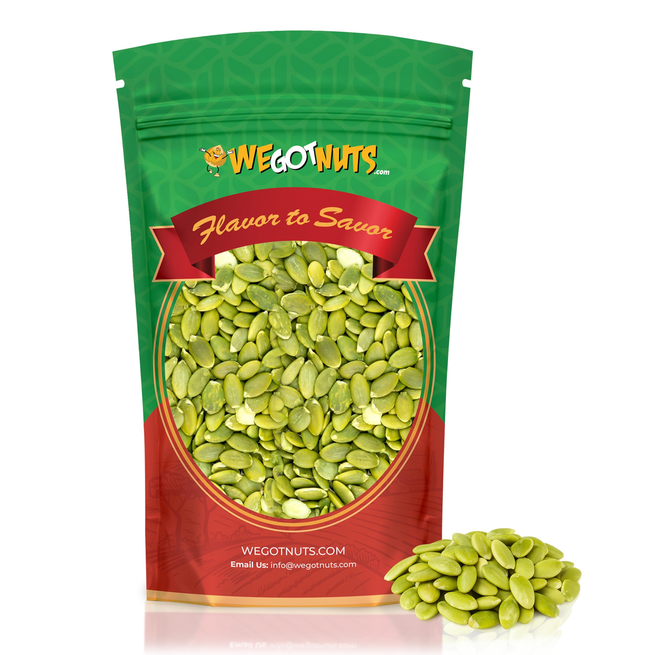 We Got Nuts pumpkin seeds bag front for raw pepitas ready to snack.
