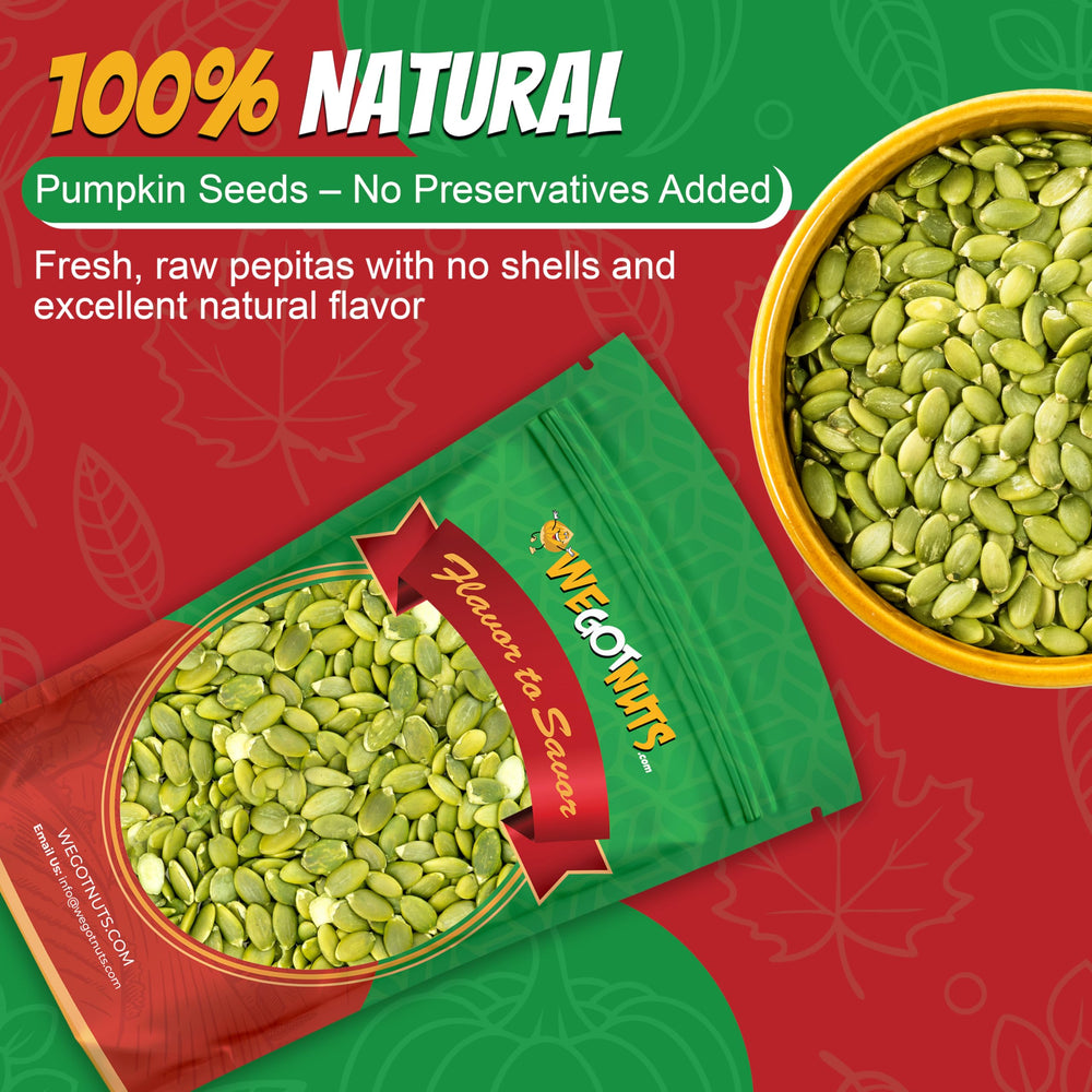 We Got Nuts pumpkin seeds resealable pack preserves freshness between uses.
