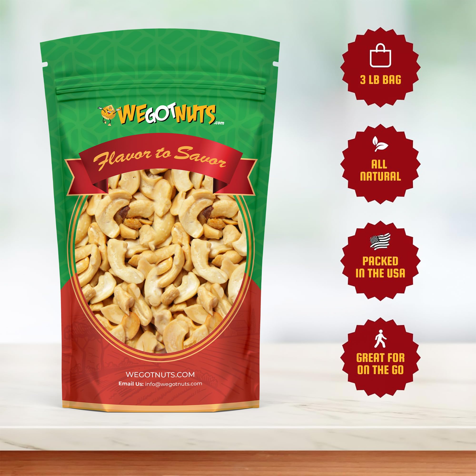 We Got Nuts raw cashew pieces shown in bag ready for cooking and snacking.