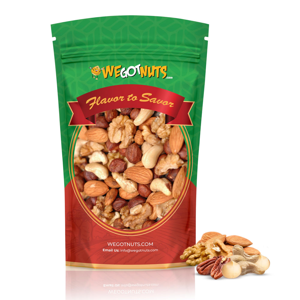 We Got Nuts Raw Deluxe Mixed Nuts bag front showing premium unsalted mix for healthy snacking
