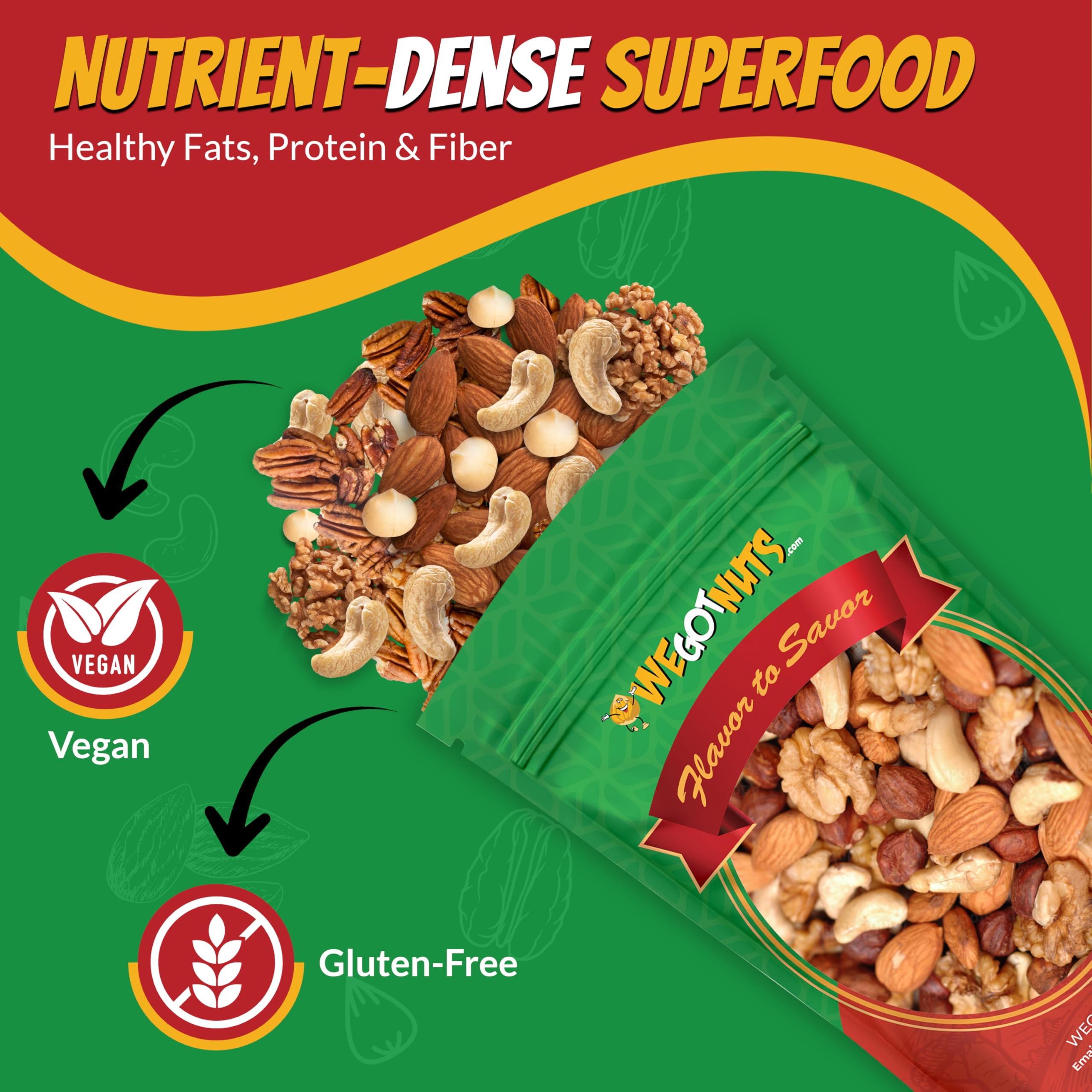 We Got Nuts brand ingredients close-up shows transparent mix of almonds, cashews, and nuts
