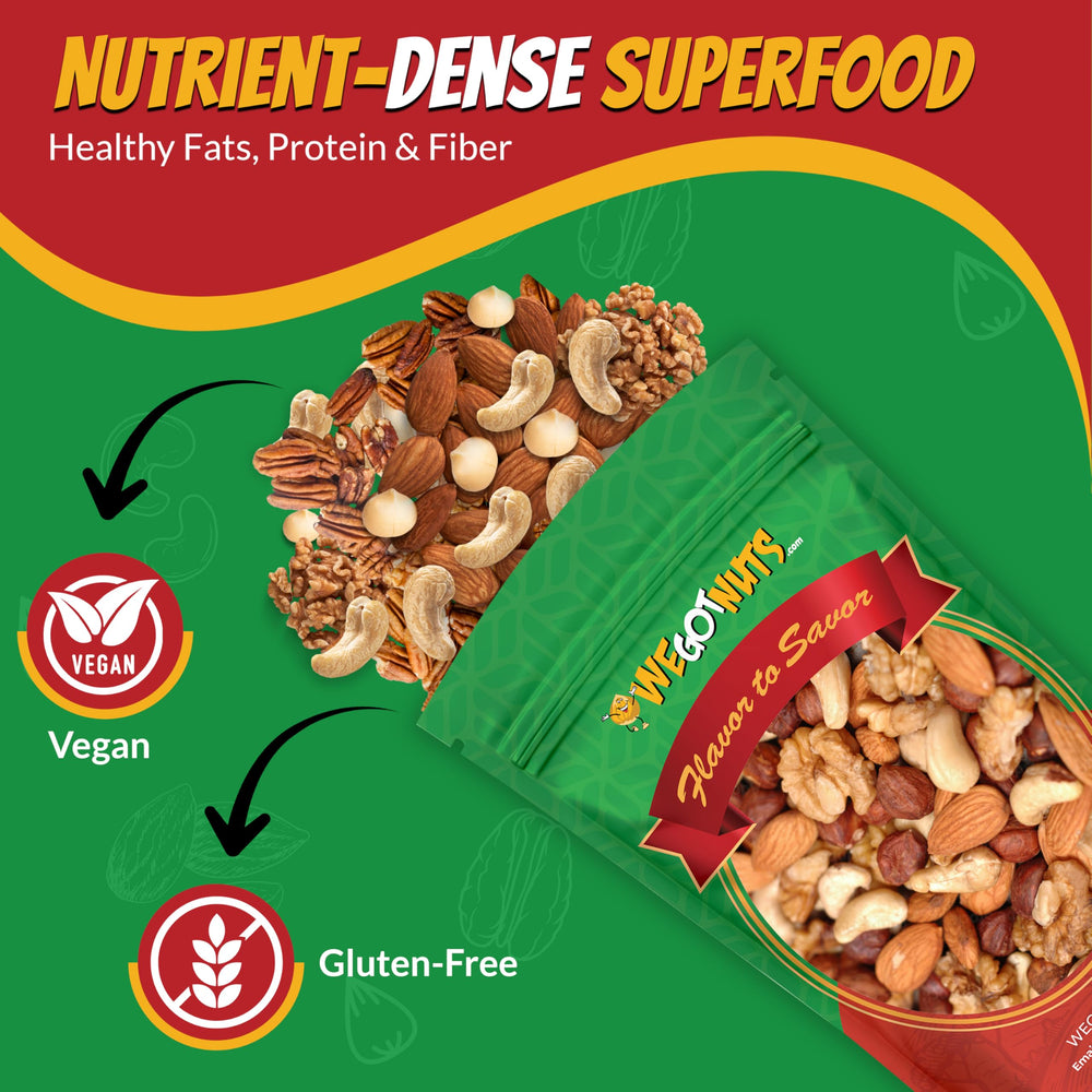 We Got Nuts brand ingredients close-up shows transparent mix of almonds, cashews, and nuts