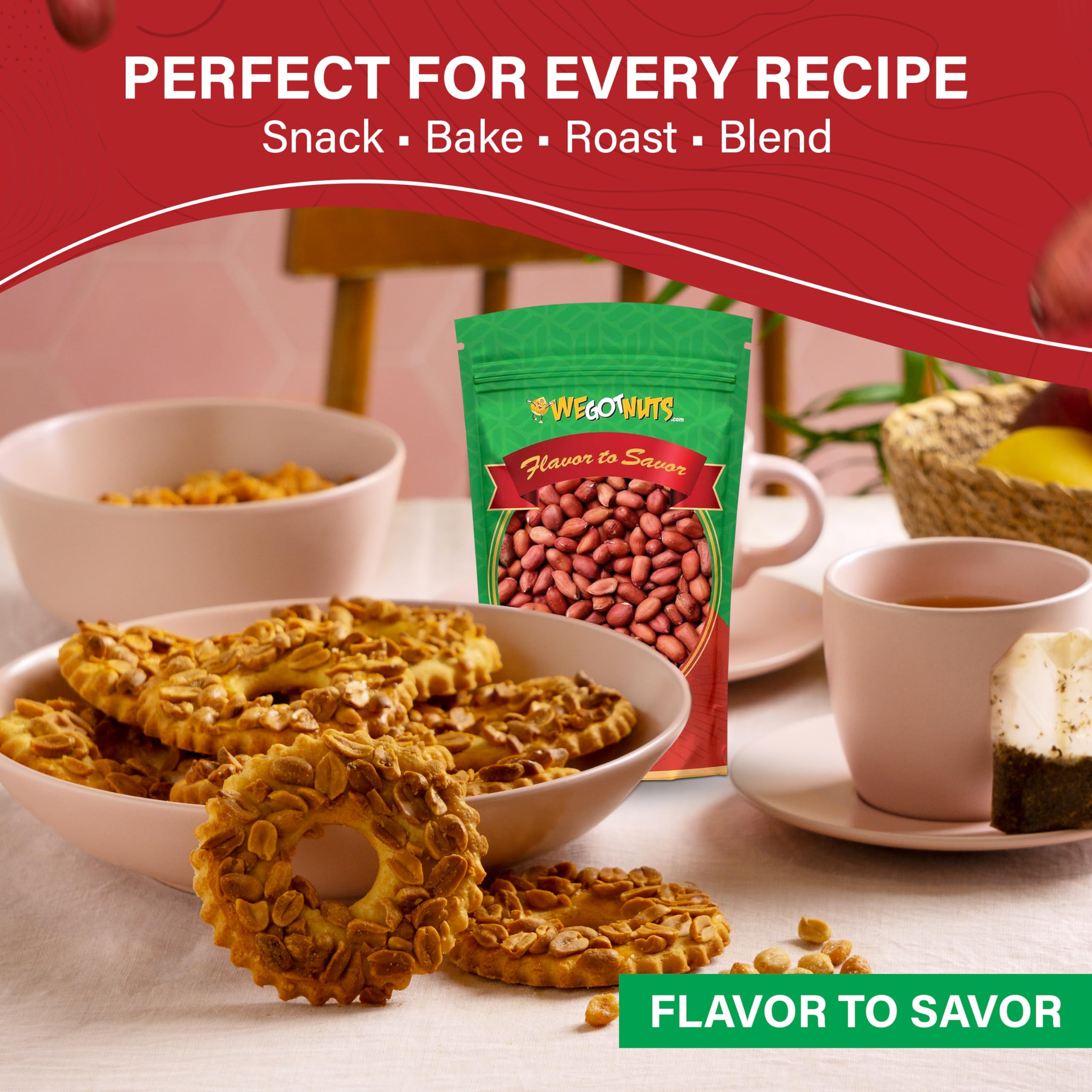 We Got Nuts raw red skin peanuts kitchen counter; convenient snack base