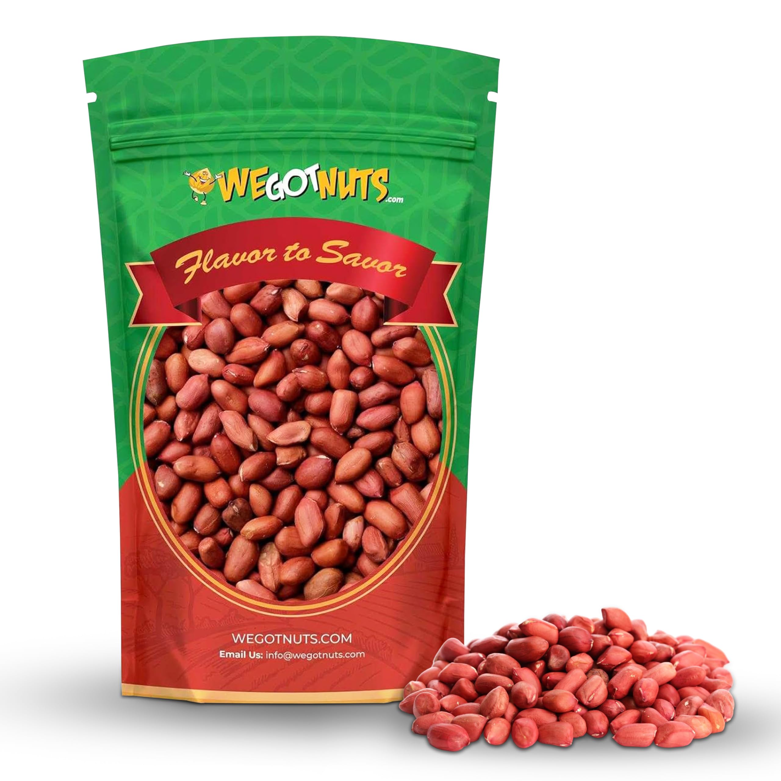 We Got Nuts raw red skin peanuts, pack front; unsalted USA grown snacking