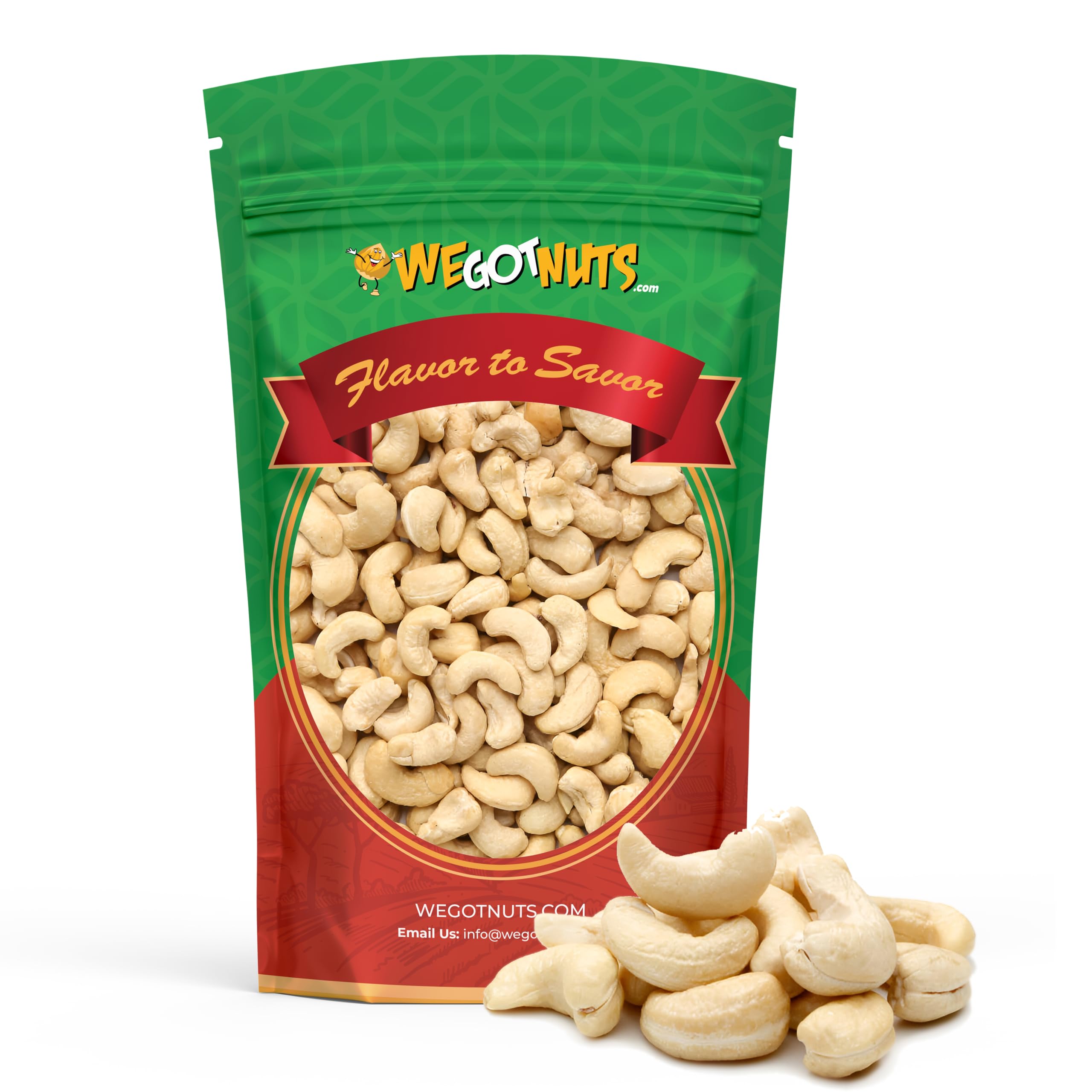 We Got Nuts raw whole cashews, unsalted and ready for snacking.