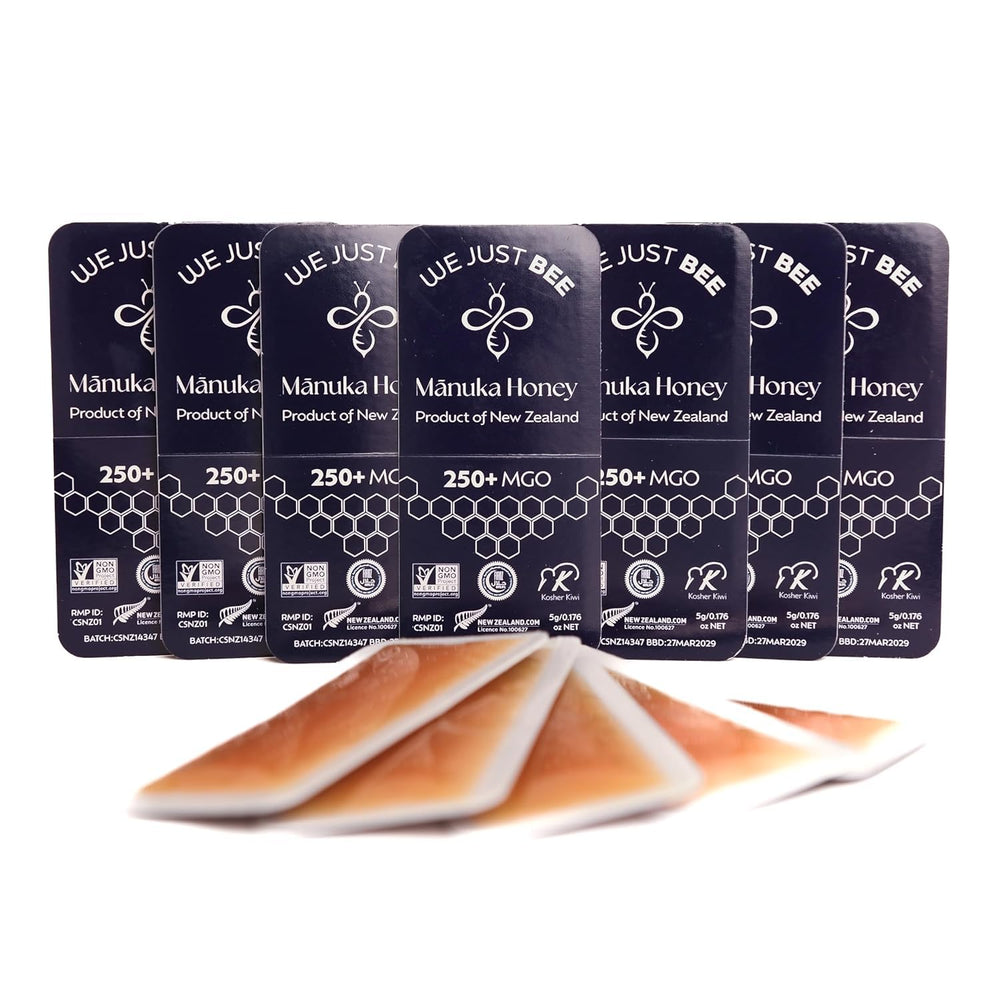 We Just Bee Manuka Snap Pack neatly arranged packets in a travel pouch