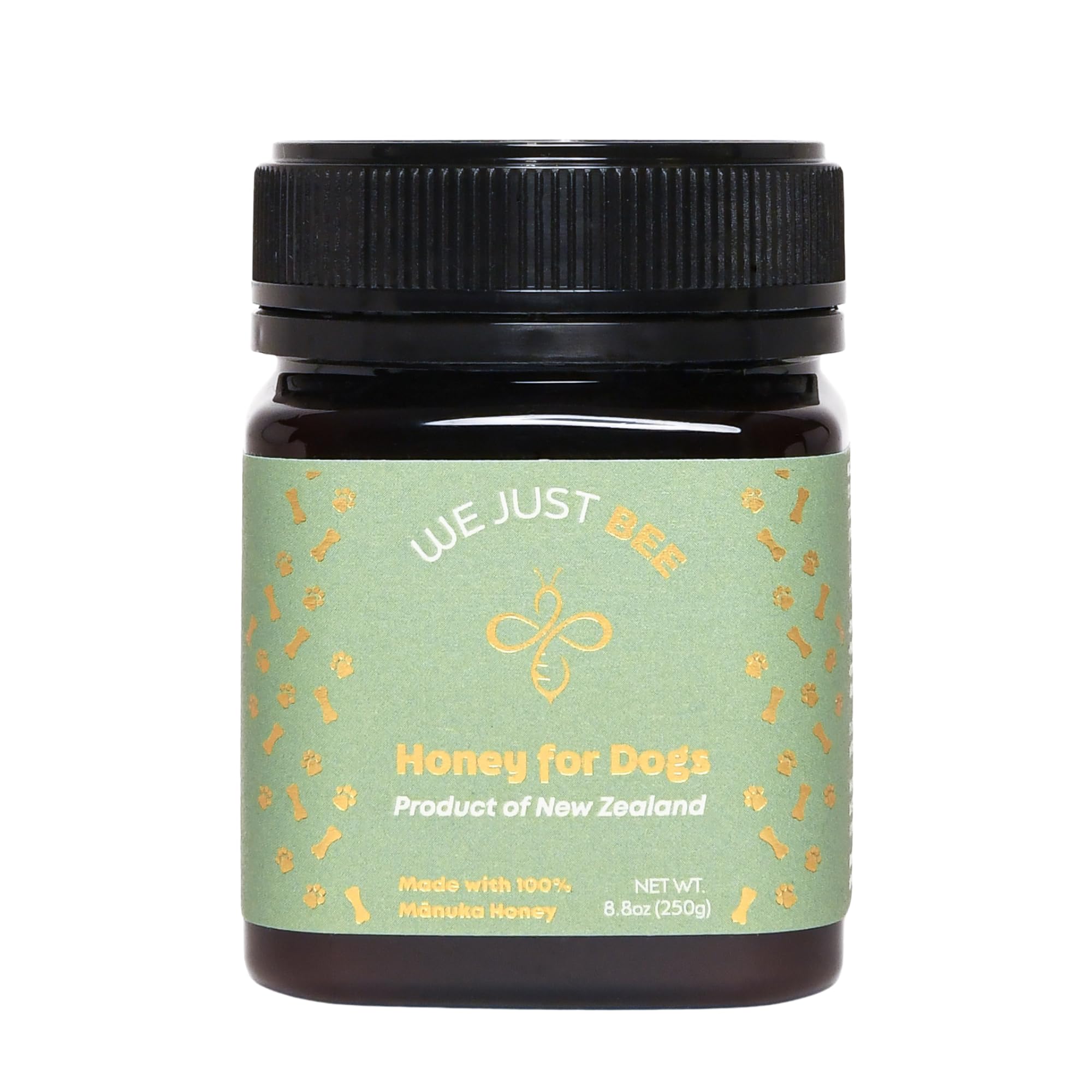 We Just Bee Manuka Honey dog topper jar shown, supports daily canine wellness