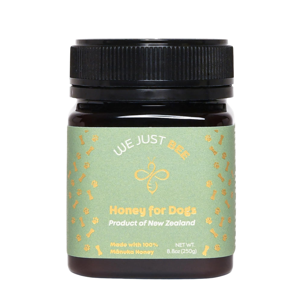 We Just Bee Manuka Honey dog topper jar shown, supports daily canine wellness