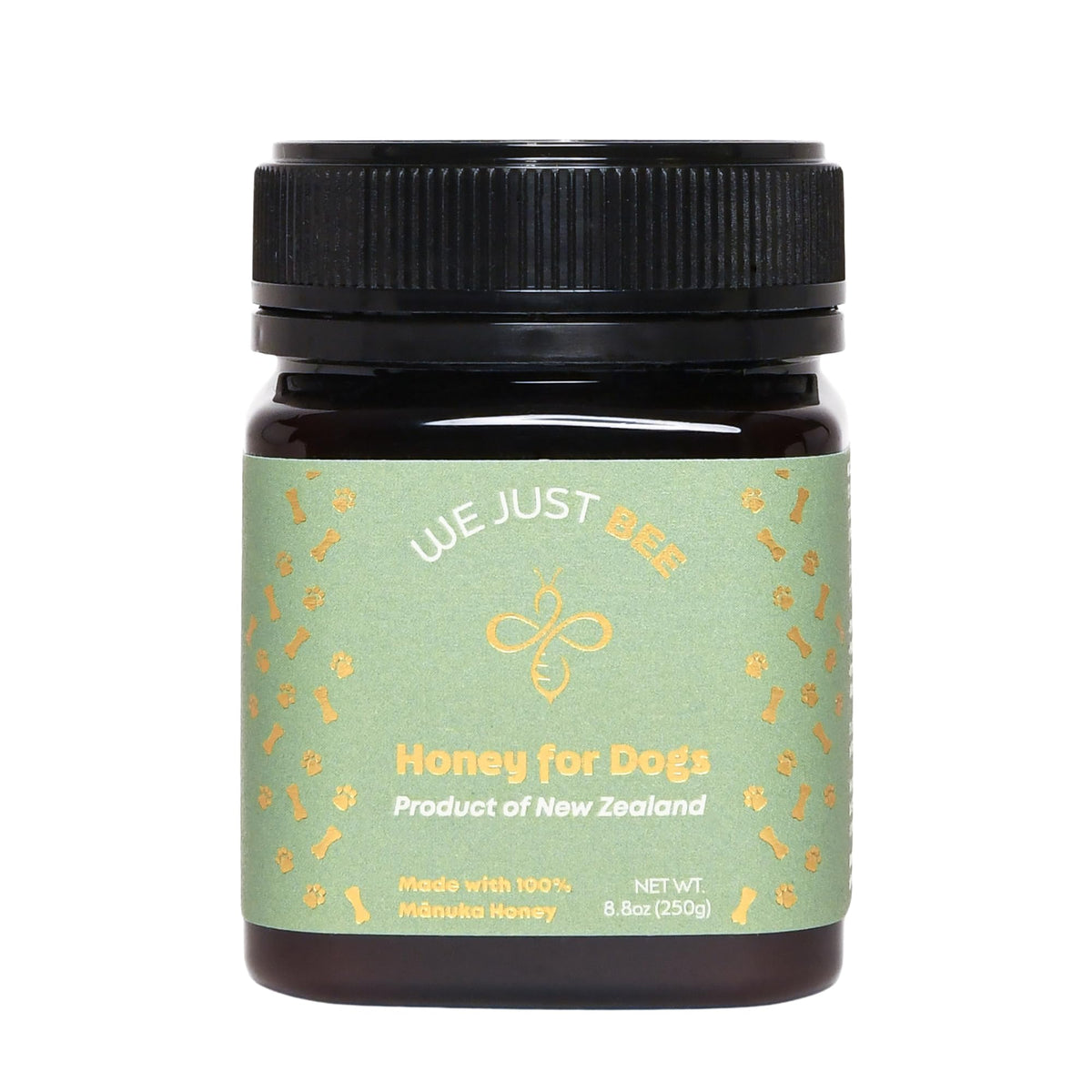 We Just Bee Manuka Honey dog topper jar shown, supports daily canine wellness