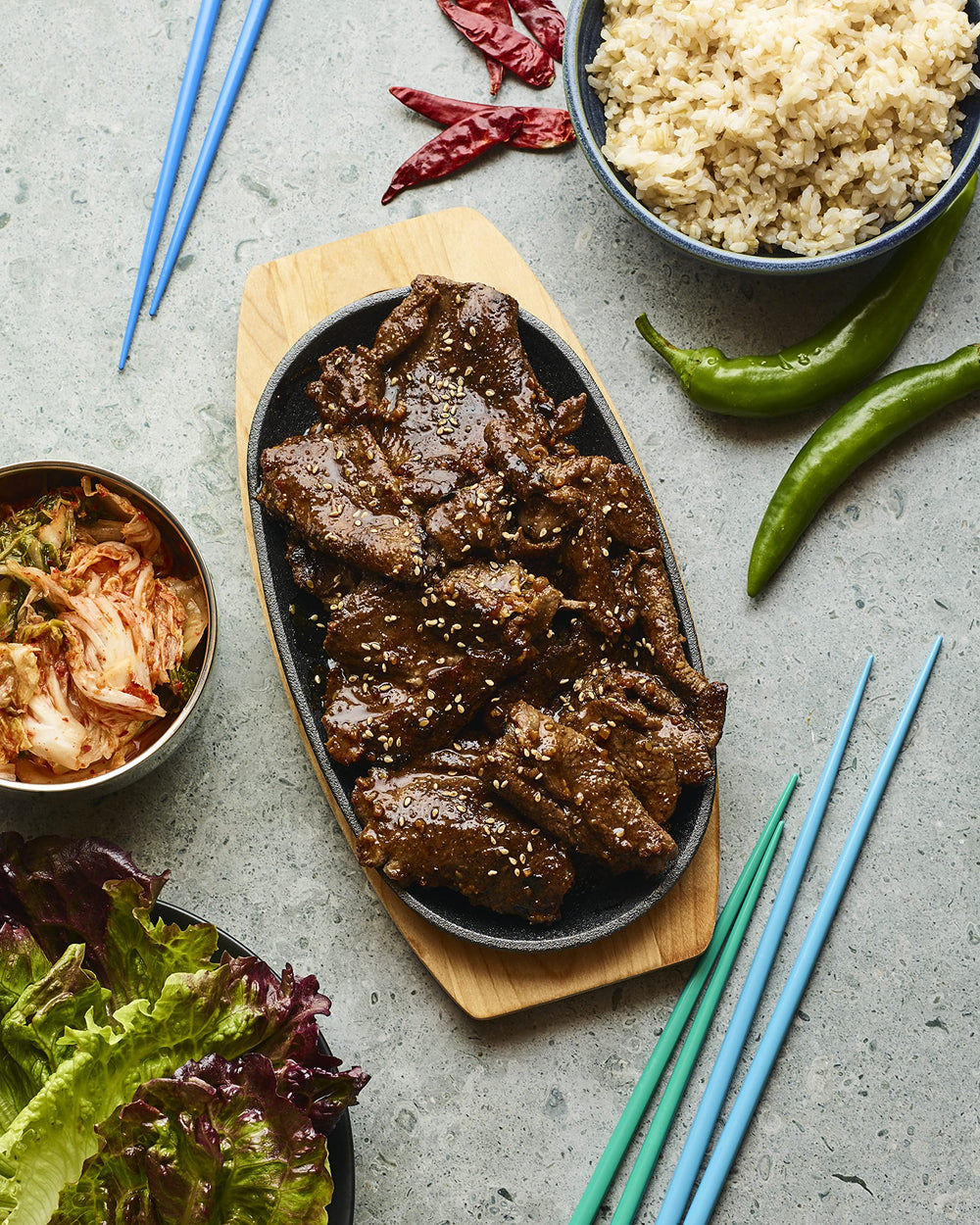 We Rub You Bulgogi sauce on veggies for ssam-style bowls