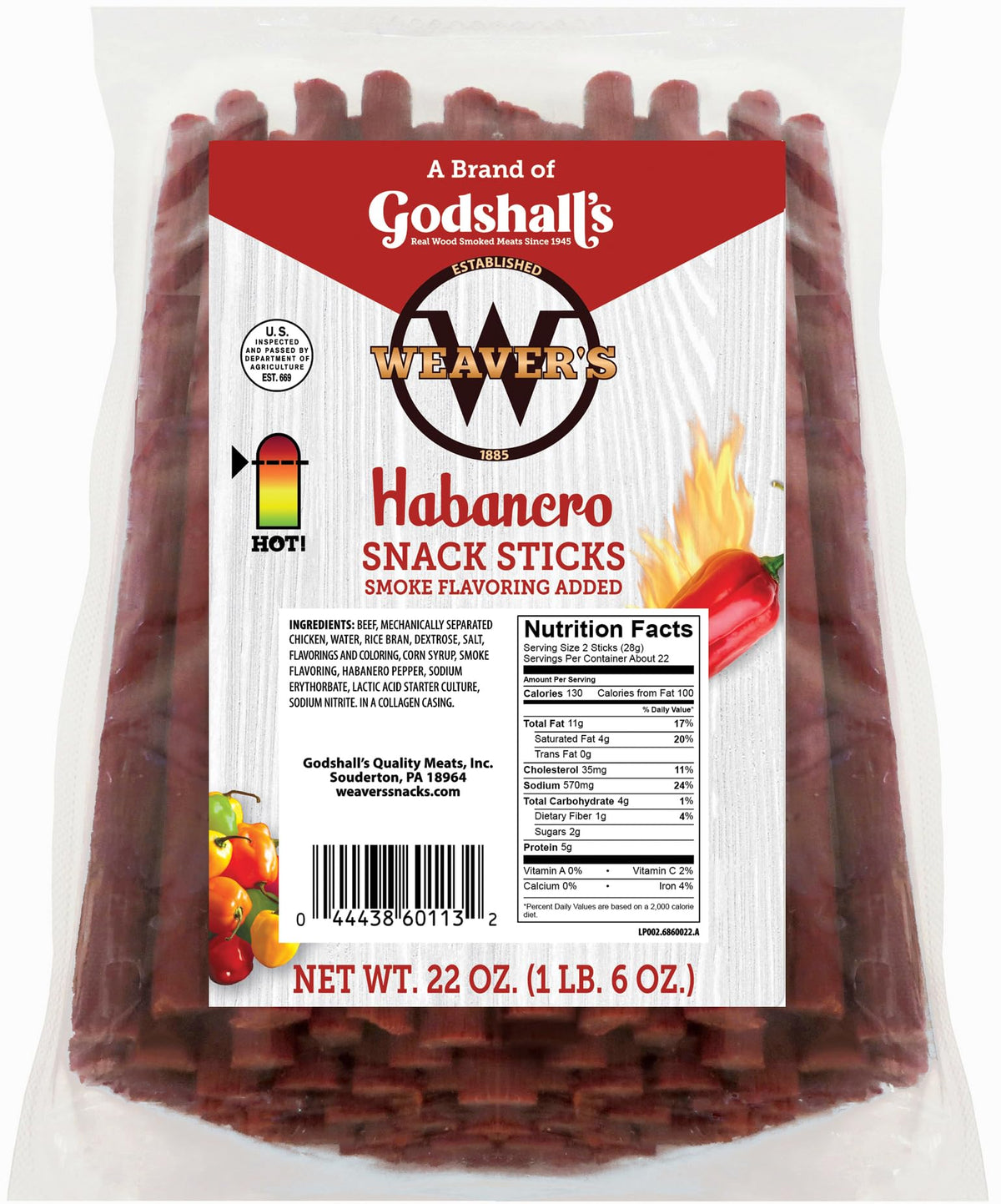 Weaver's Habanero Snack Sticks bag front with bold heat