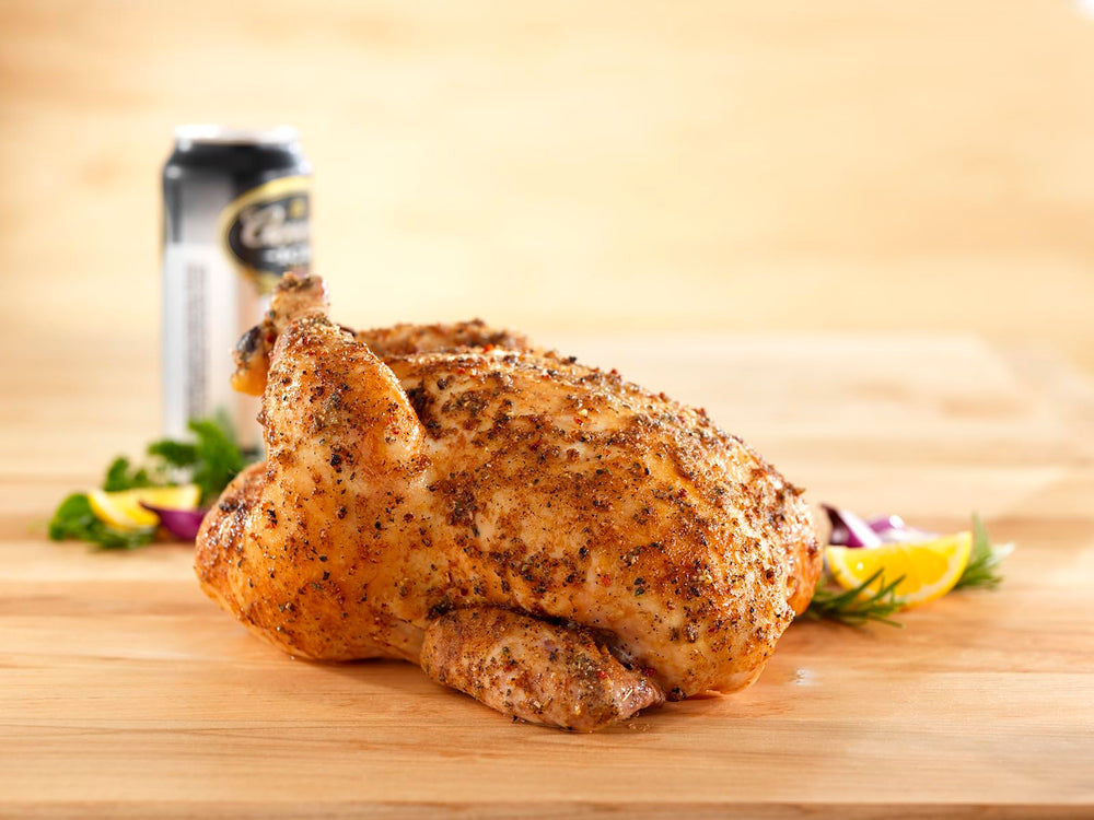 Weber Beer Can Chicken Seasoning seasoned chicken ready to serve.