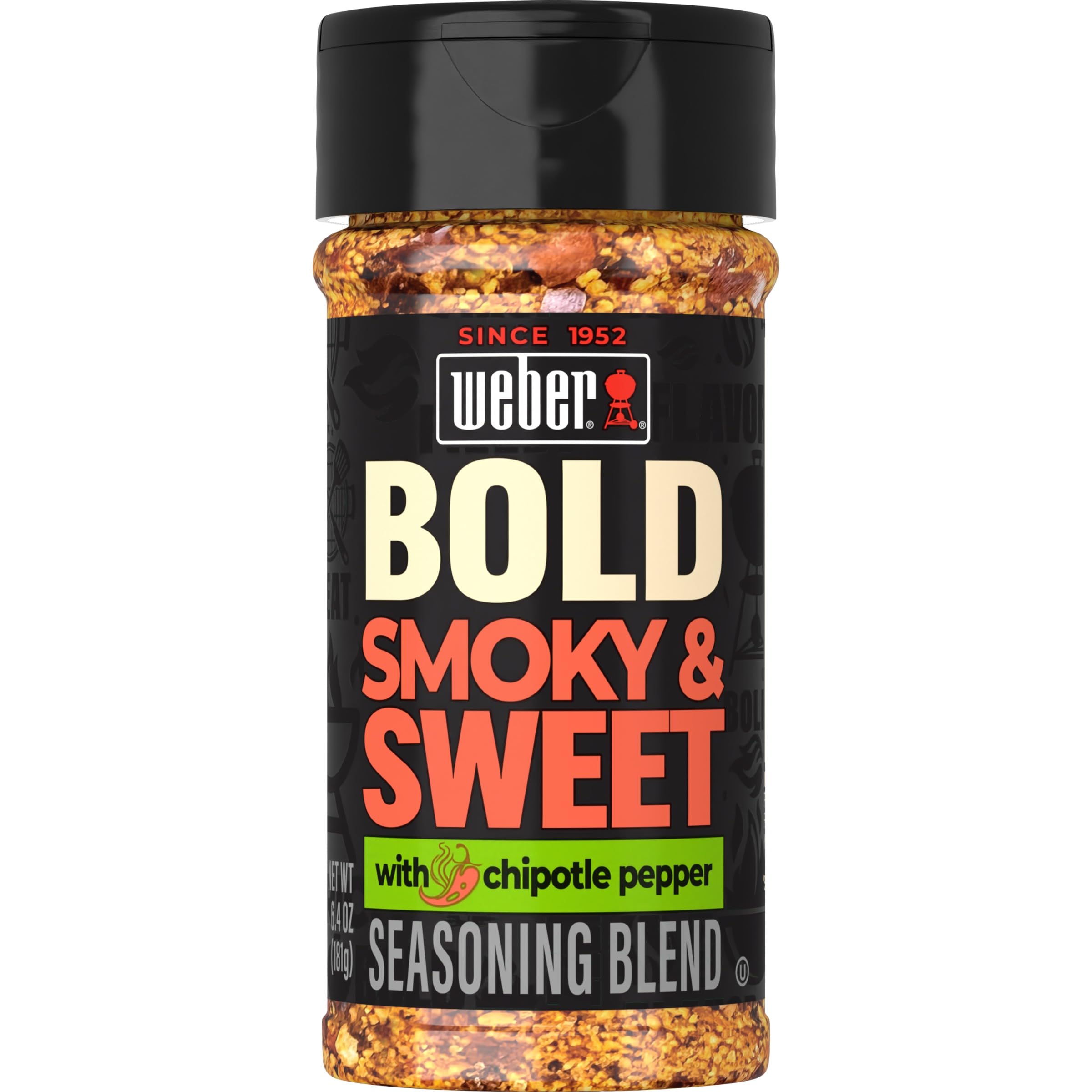Weber BOLD Smokey & Sweet seasoning bottle adds bold smoky flavor to grilled favorites.