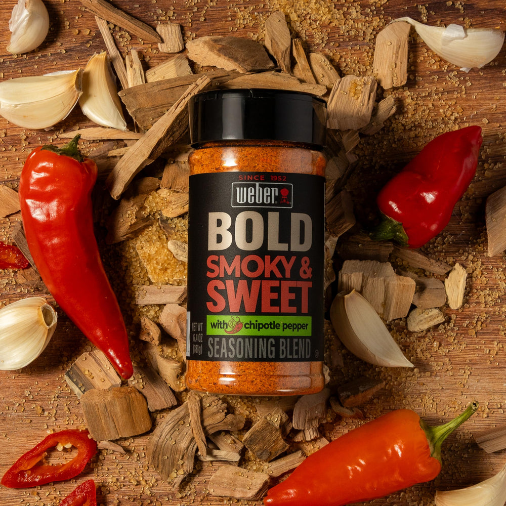 Weber BOLD Smokey & Sweet seasoning grill setup inspires flavorful barbecue meals.