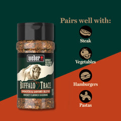 Weber Buffalo Trace seasoning on a sizzling steak on the grill