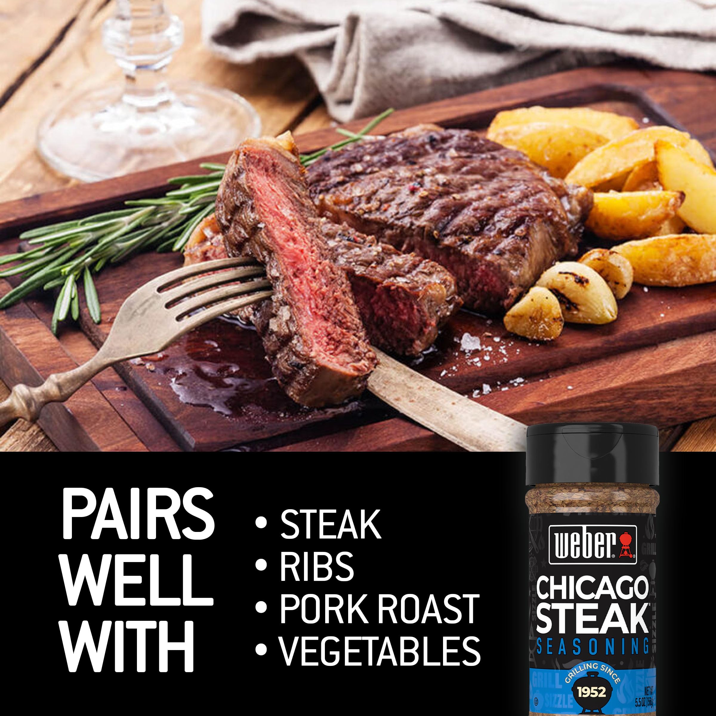 Weber Chicago Steak Seasoning sprinkled on beef for rich, grill-ready taste.