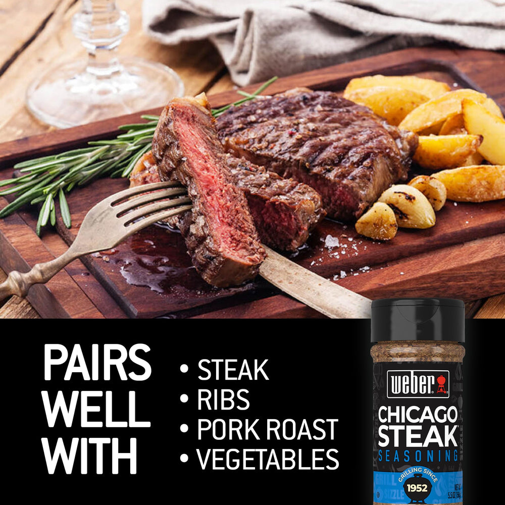 Weber Chicago Steak Seasoning sprinkled on beef for rich, grill-ready taste.