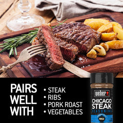 Weber Chicago Steak Seasoning sprinkled on beef for rich, grill-ready taste.