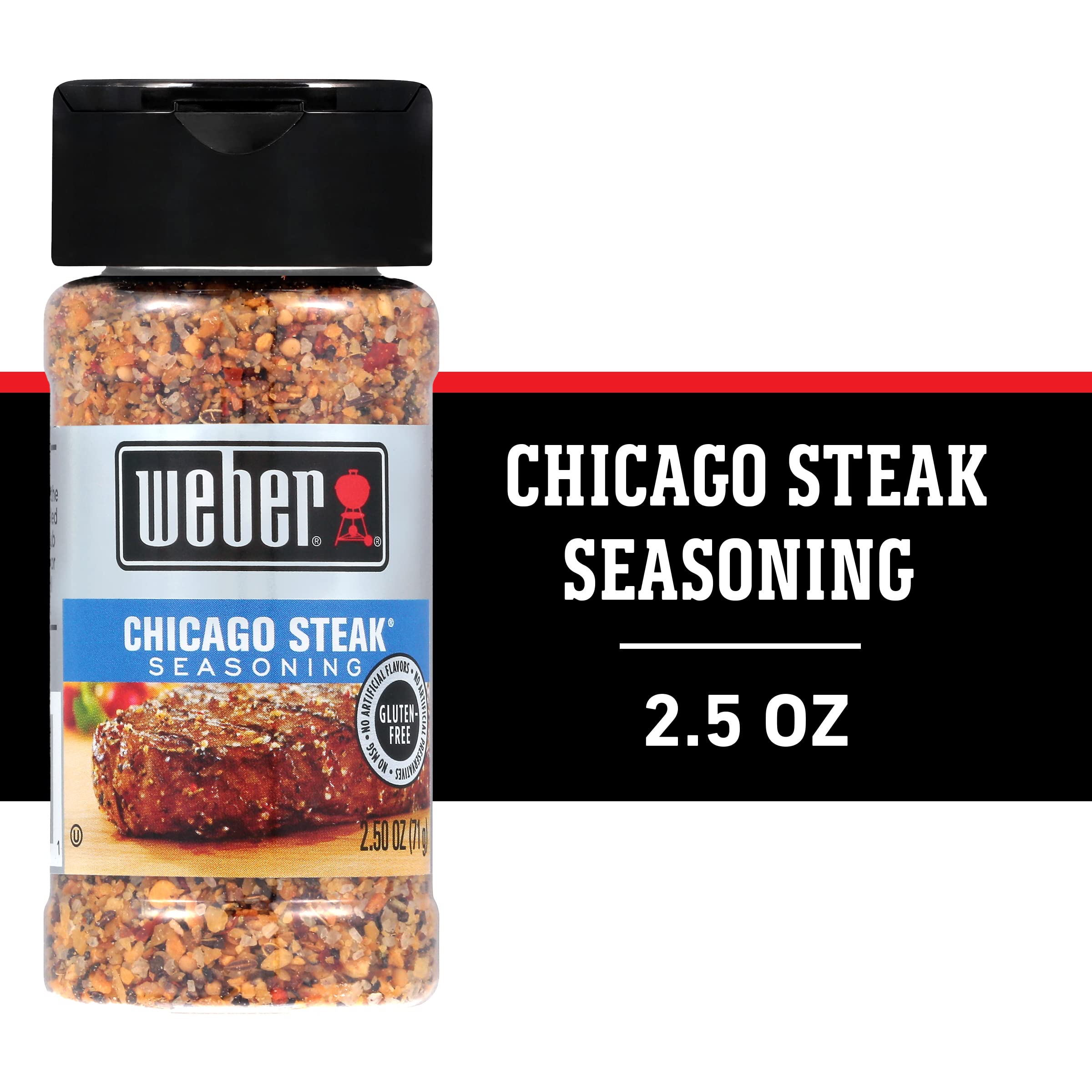 Weber Chicago Steak Seasoning bottle side angle showing portable 2.5 oz shaker