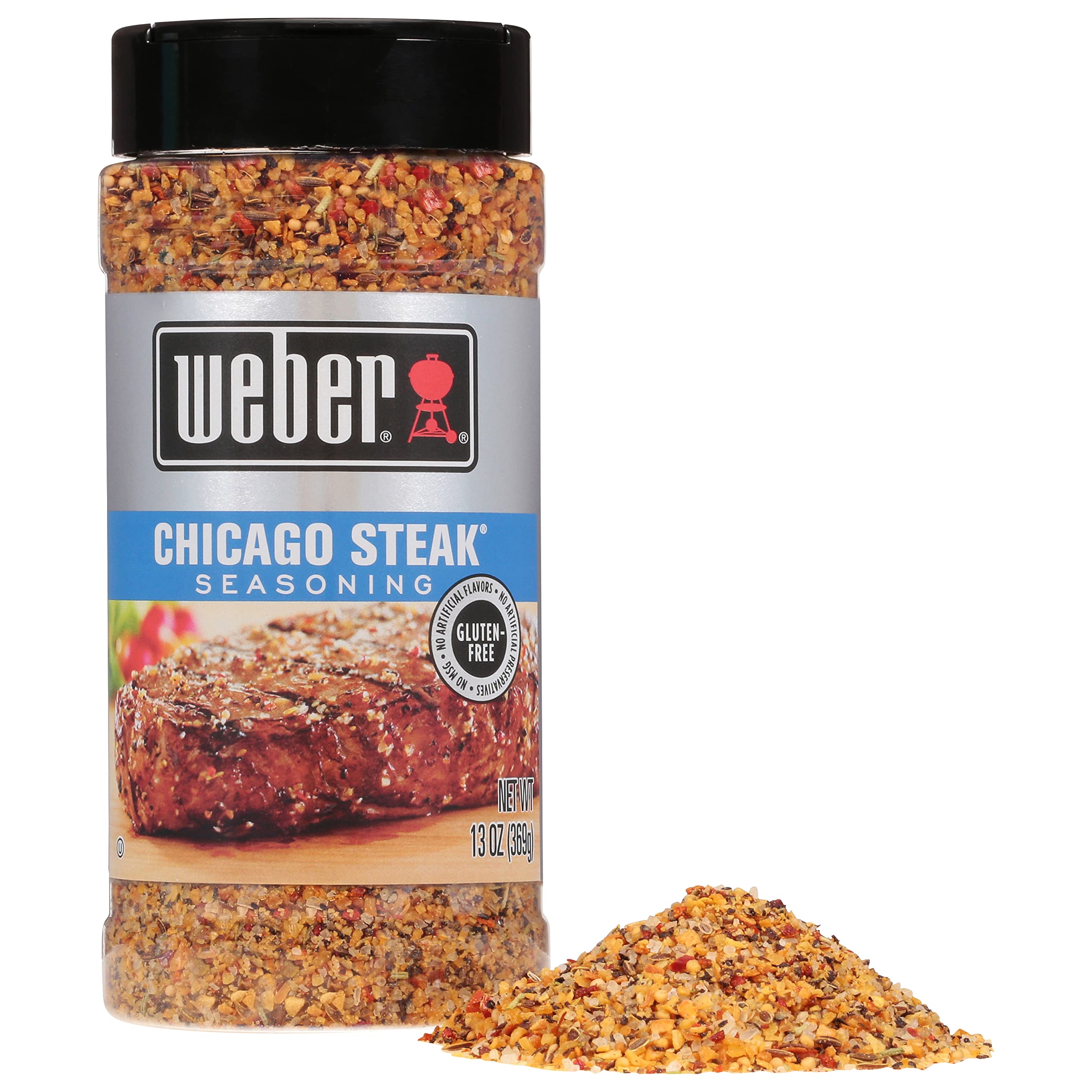 Weber Chicago Steak Seasoning on steak grill showcasing bold Chicago-style aroma