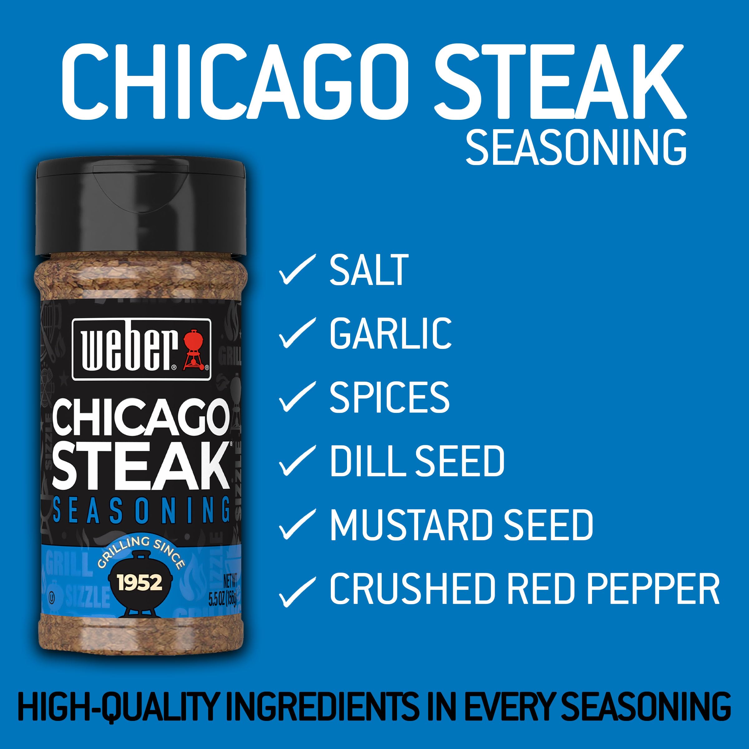 Weber Chicago Steak Seasoning shaker front shows bold blend ideal for beef.