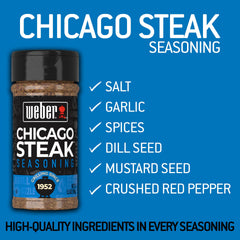 Weber Chicago Steak Seasoning shaker front shows bold blend ideal for beef.