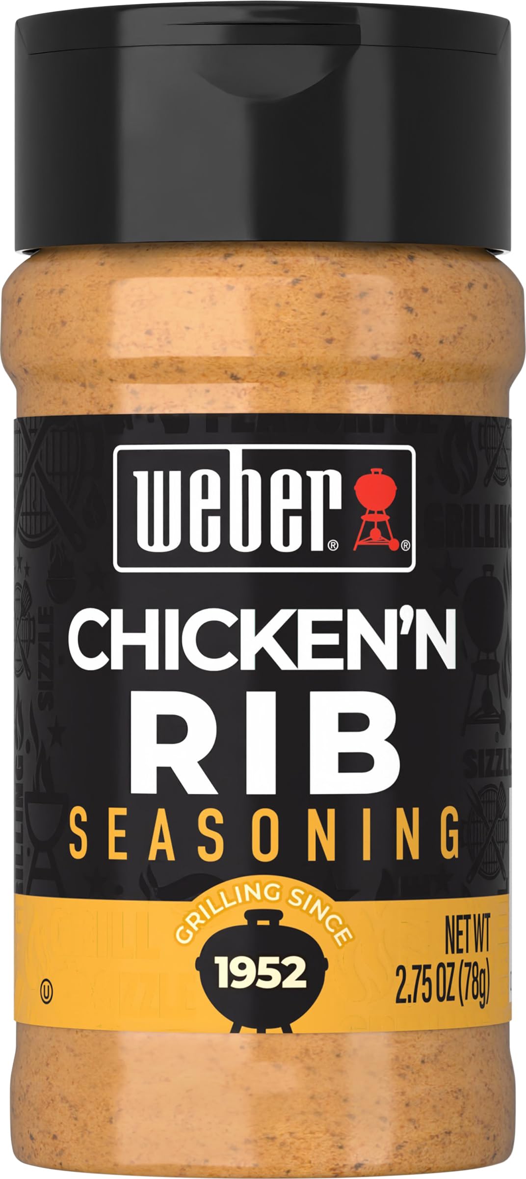 Weber Chicken 'N Rib Seasoning jar highlights bold flavor for grilled chicken and ribs.