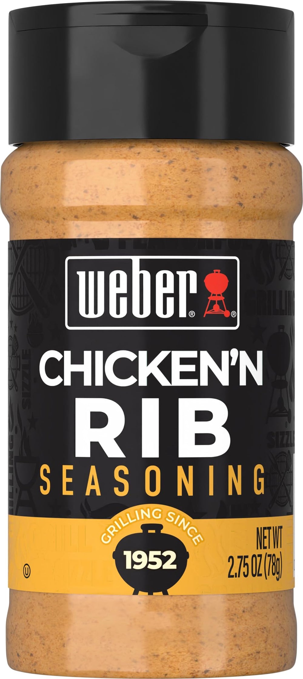 Weber Chicken 'N Rib Seasoning jar highlights bold flavor for grilled chicken and ribs.