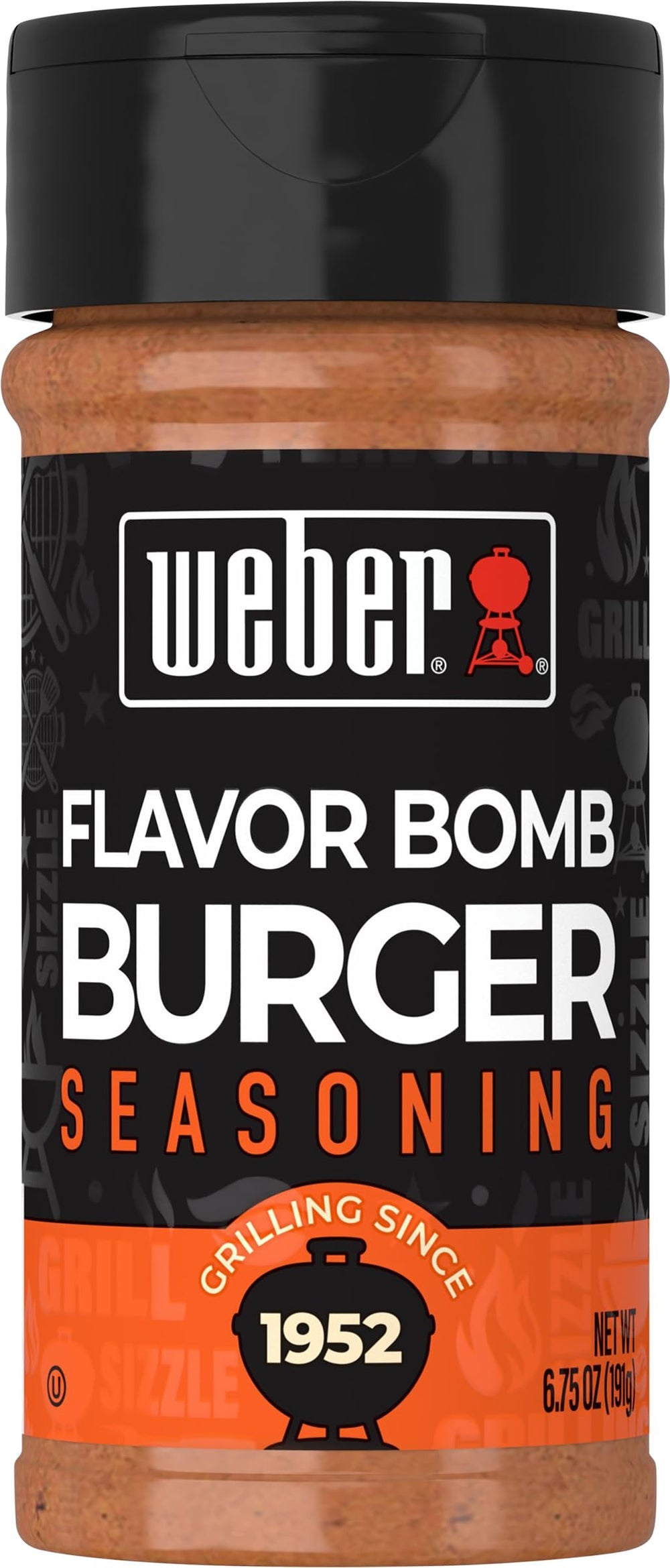 Weber Flavor Bomb Burger Seasoning bottle on counter for rich grilling flavor.