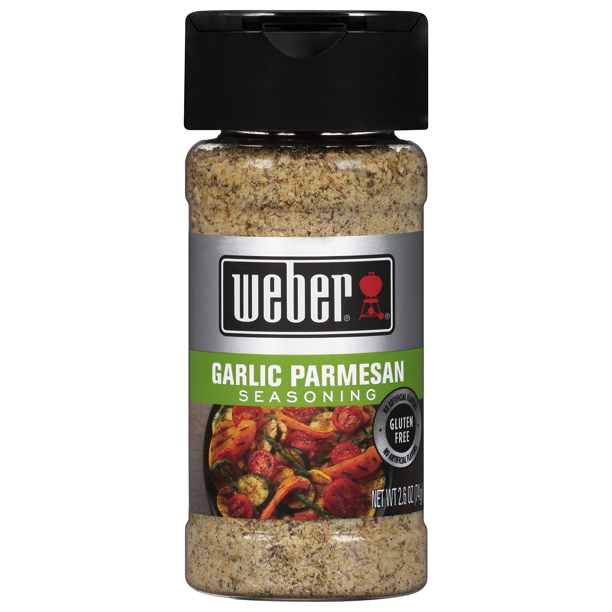 Weber Garlic Parmesan Seasoning shaker on counter for quick grilling use