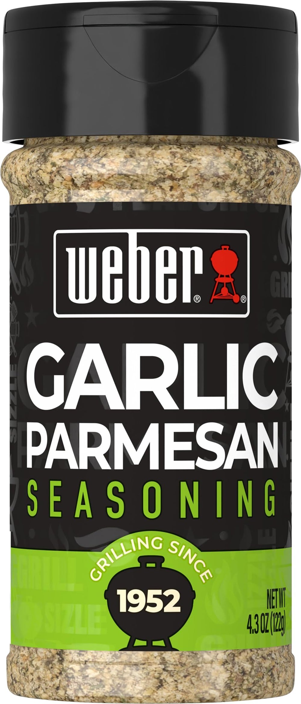Weber Garlic Parmesan Seasoning bottle front view boosts grilled veggie flavor