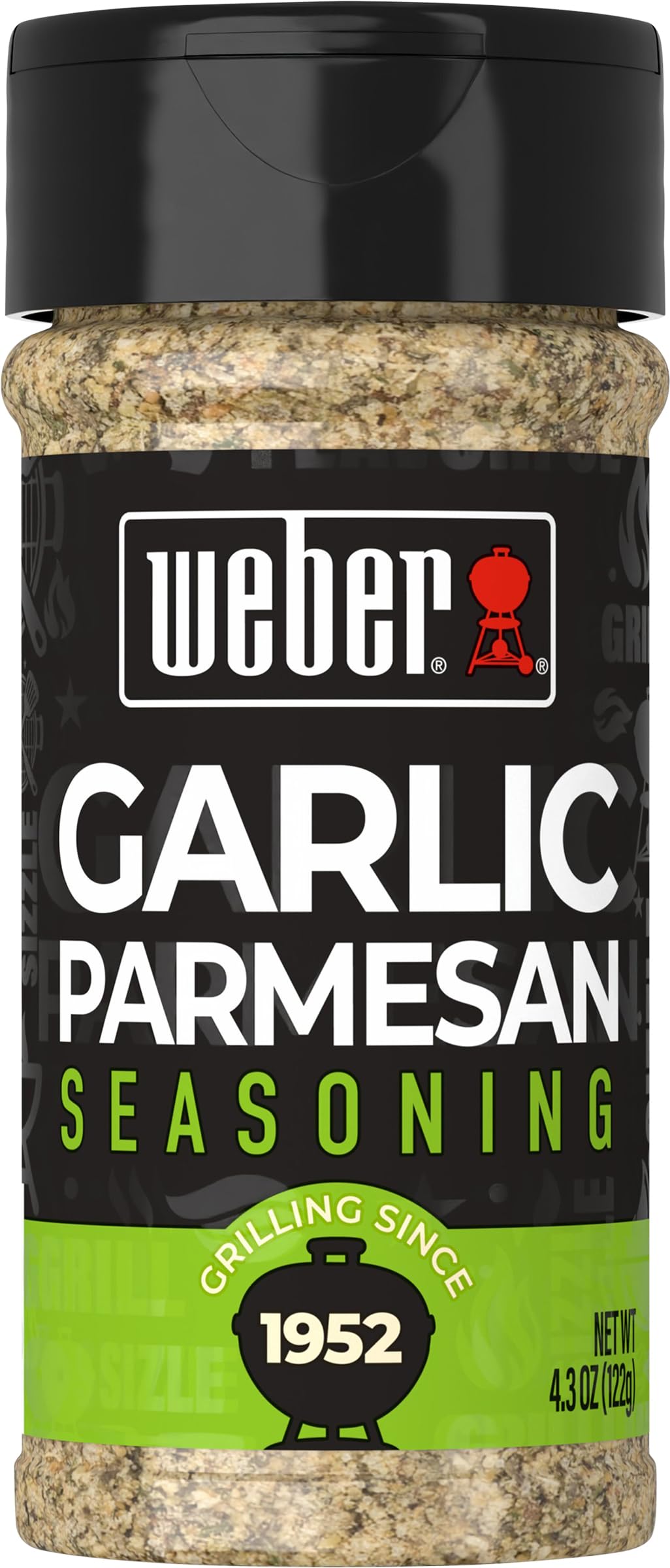 Weber Garlic Parmesan Seasoning bottle front view boosts grilled veggie flavor