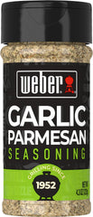 Weber Garlic Parmesan Seasoning bottle front view boosts grilled veggie flavor