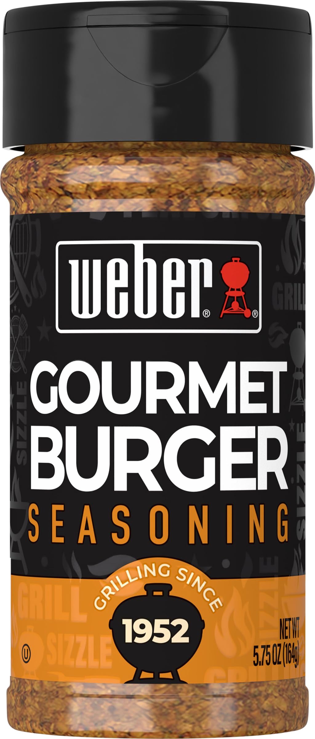 Weber Gourmet Burger Seasoning bottle close-up for bold flavor.