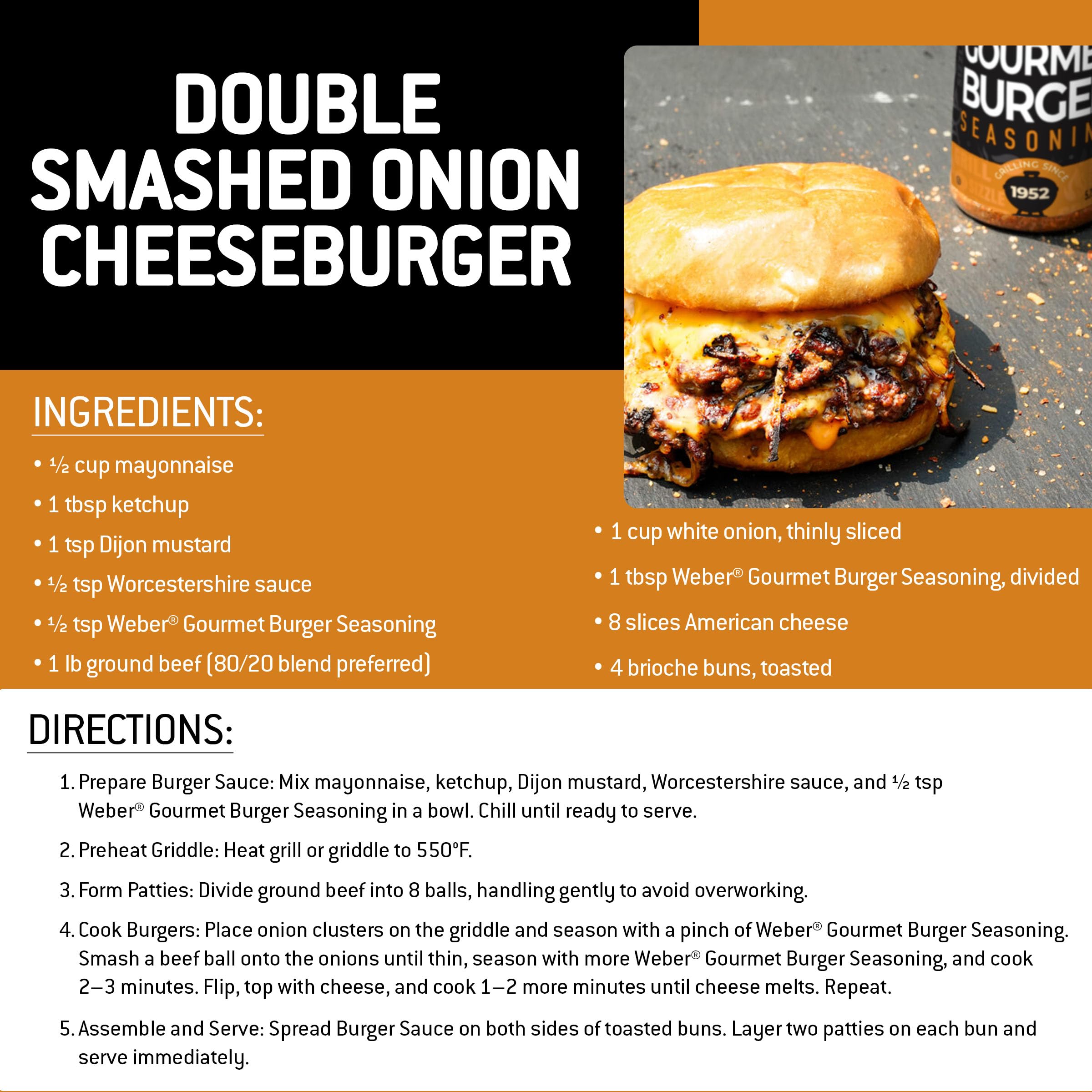 Finished burger plated with Weber Gourmet Burger Seasoning flavor touch.