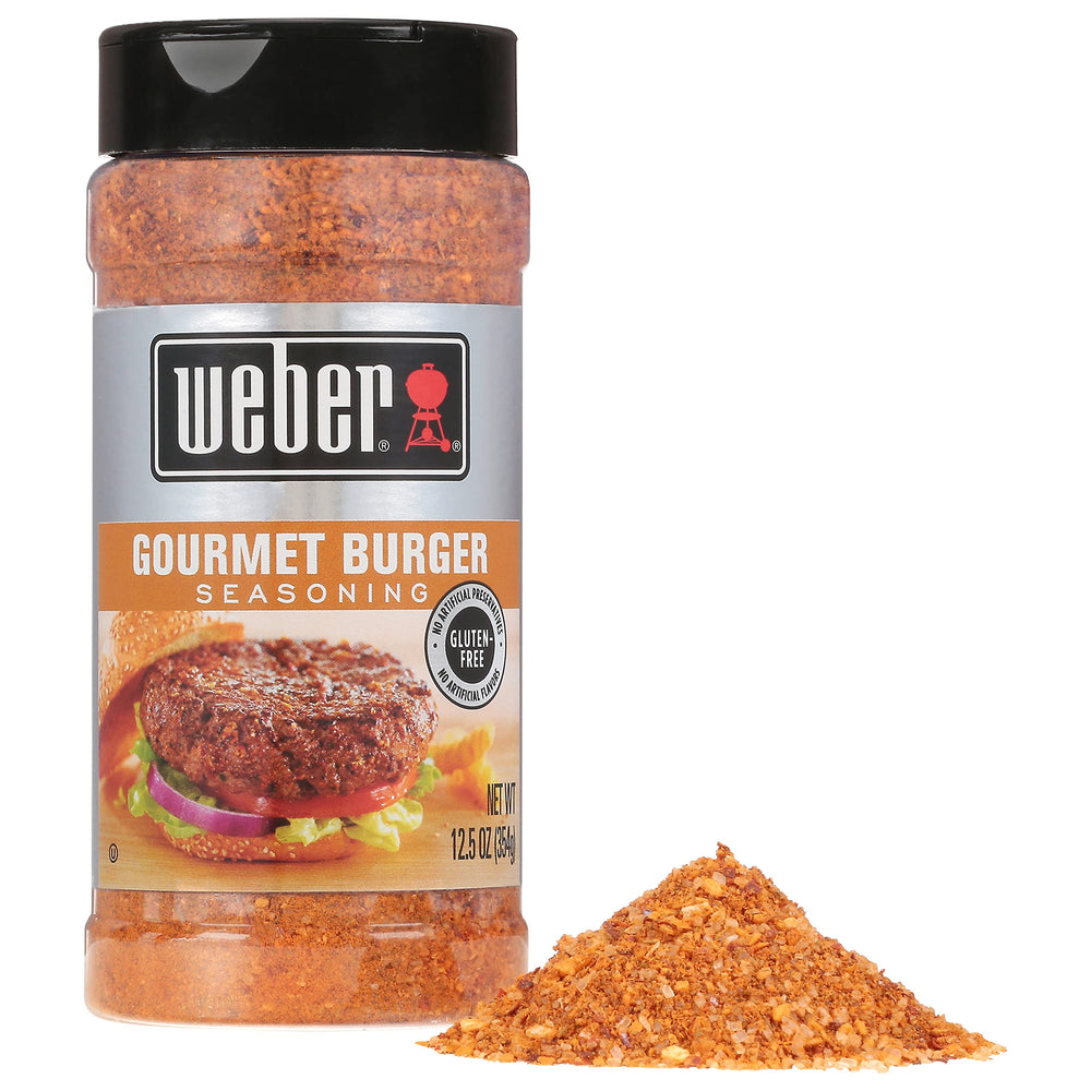 Weber Gourmet Burger Seasoning label close-up highlights gluten-free and MSG-free promise.