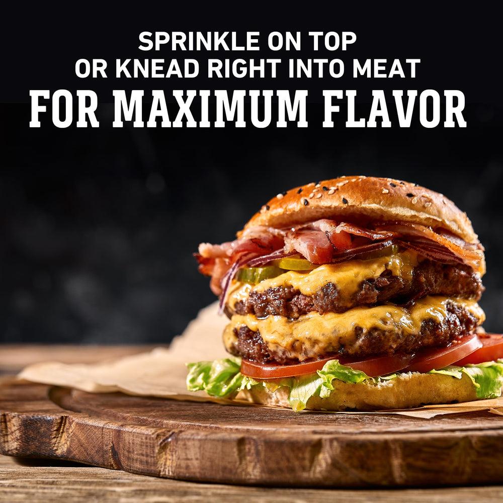 Weber Gourmet Burger Seasoning on a patty, flavors unfolding during cook.