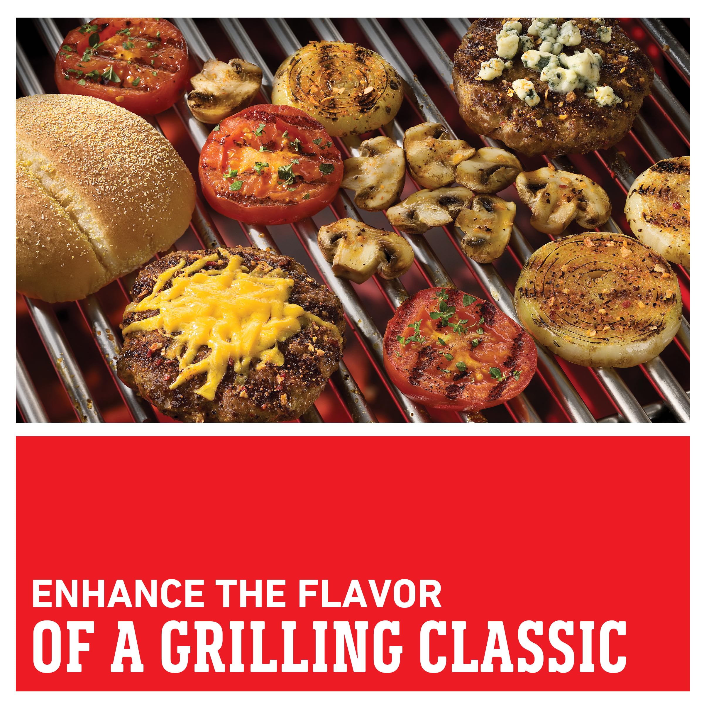 Weber Gourmet Burger Seasoning shaker dispensing flavor powder across buns.