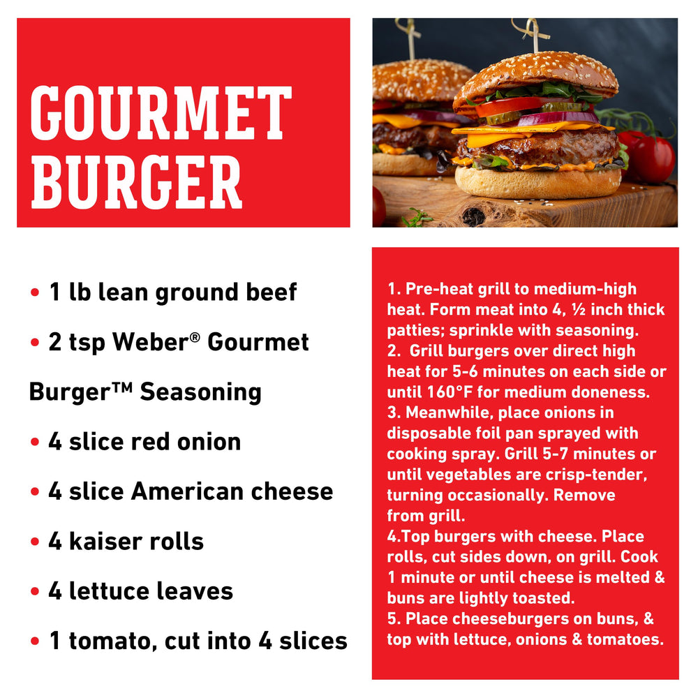 Weber grilled burgers with seasoning on grill at sunset.