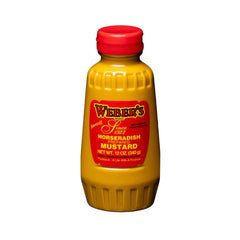 Weber's horseradish mustard bottle on a shelf for bold flavor in meals