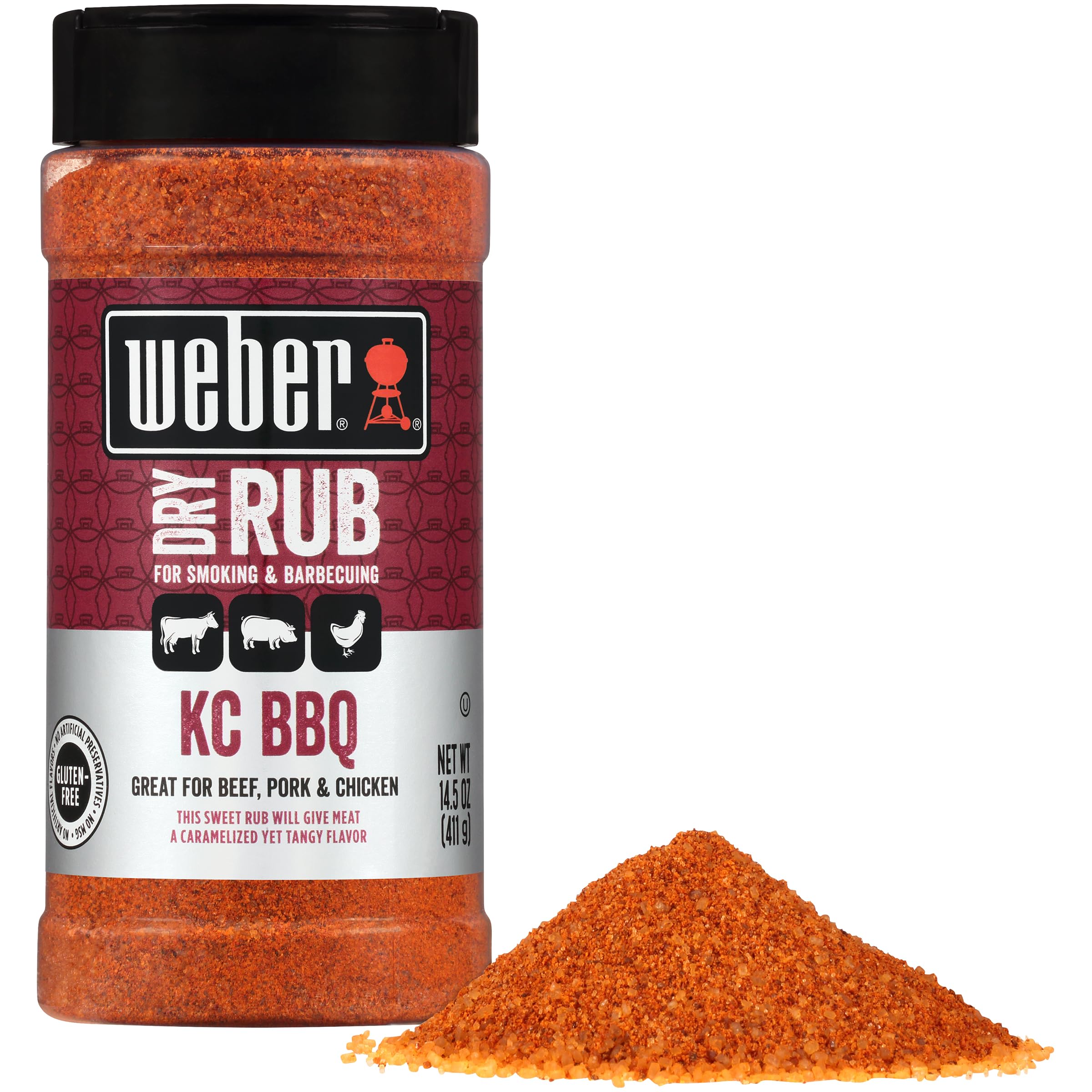 Weber KC BBQ Dry Rub label close-up highlights gluten-free, kosher option.