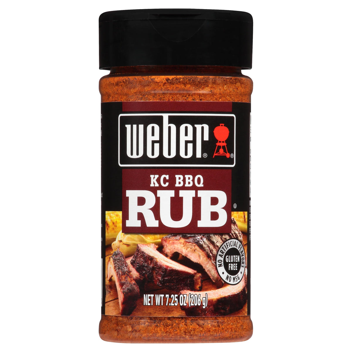 Weber KC BBQ Dry Rub jar on shelf, enhances beef, pork, or chicken flavor.