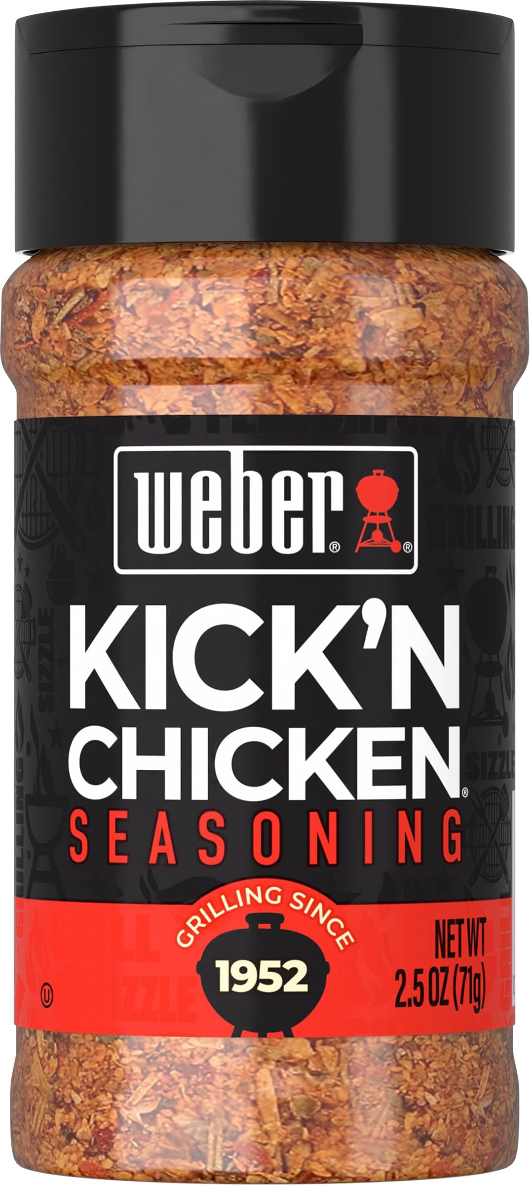 Weber Kick'n Chicken Seasoning bottle close-up showing bold flavor boost for grilling