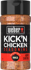 Weber Kick'n Chicken Seasoning bottle close-up showing bold flavor boost for grilling