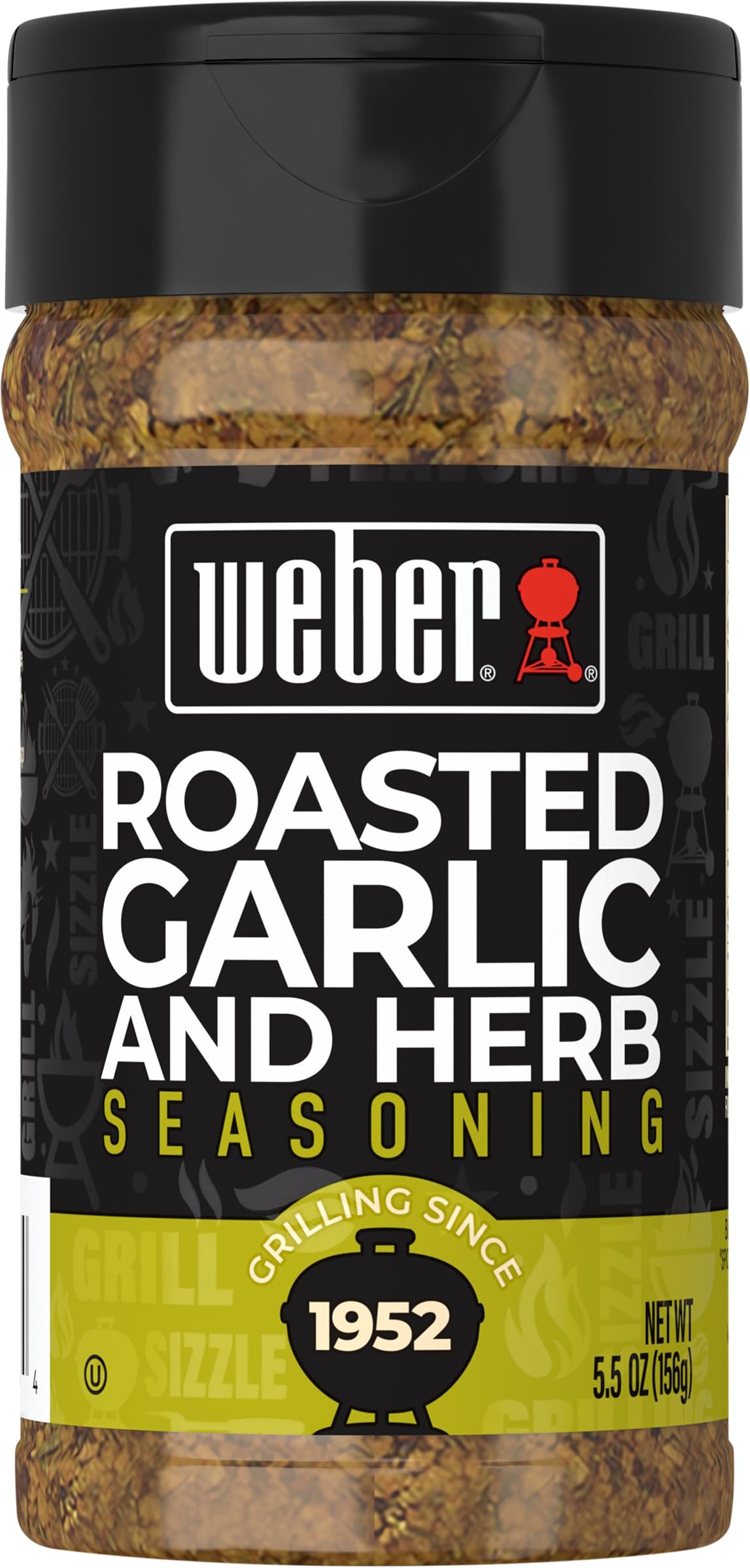 Weber Roasted Garlic & Herb shaker label closeup for flavorful grilling