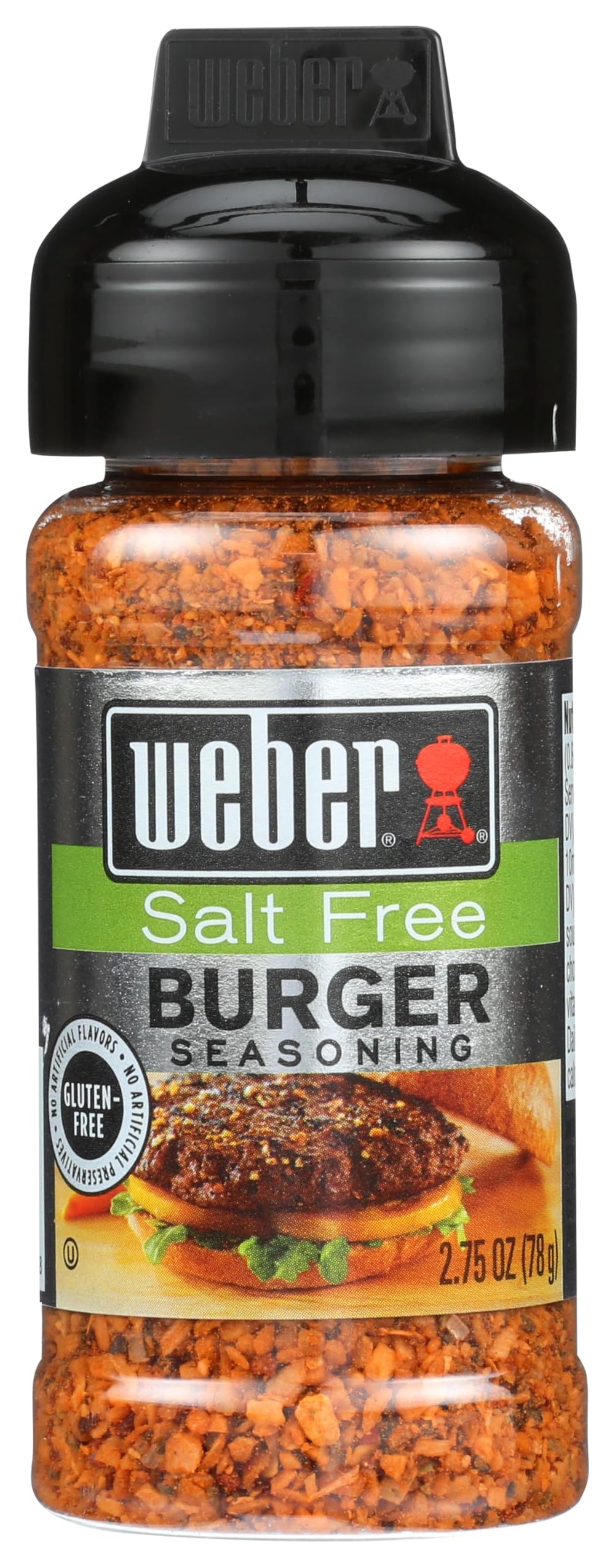 Weber Salt Free Burger Seasoning jar reveals bold garlic and pepper for burgers